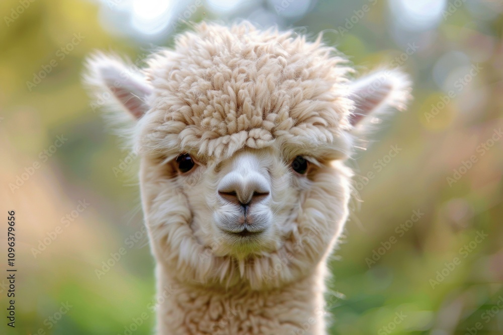 White alpaca with thick fur posing in a field with a blurred background White alpaca with thick fur posing in a field with a blurred background