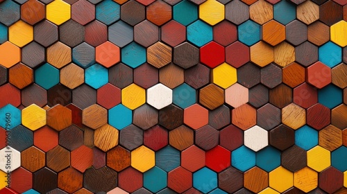 Anti tracking technology concepts. A vibrant mosaic of hexagon-shaped wooden tiles in various colors, creating a visually striking and textured surface.