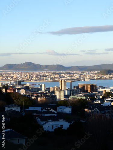 Wellington, New Zealand. Morning view of Wellington city  buildings and harbour viewed from Mount Victoria. Wellington is the Capital of NZ. photo