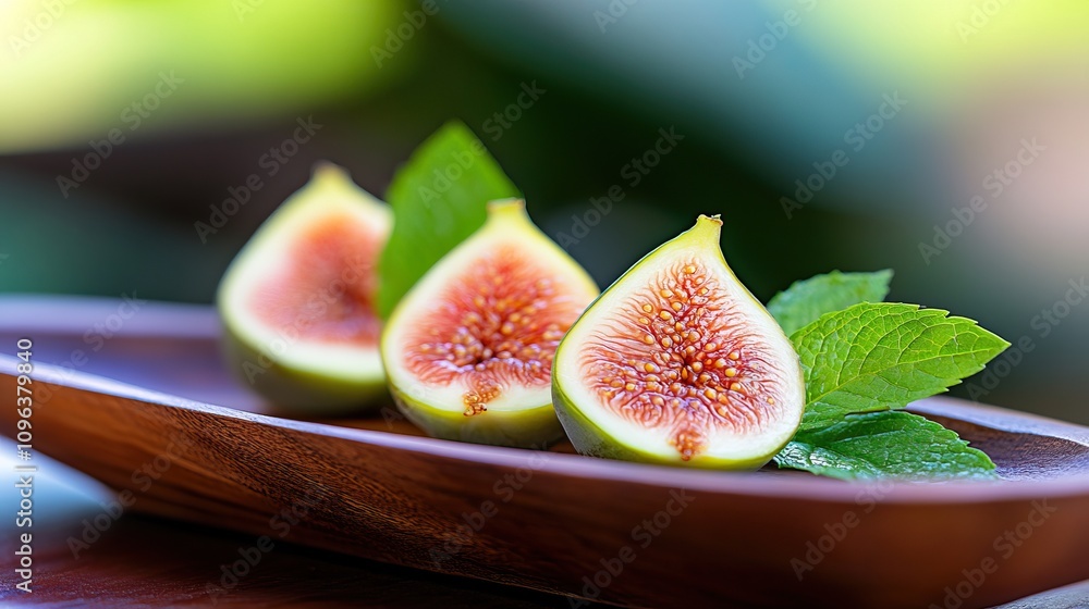 Freshly sliced figs on a wooden plate, garnished with mint leaves, surrounded by a blurred green background. Freshly sliced figs on a wooden plate, garnished with mint leaves, surrounded by a blurred green background.