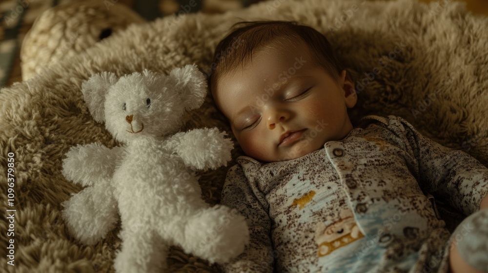 Peaceful Baby Asleep with Soft Toy in Gentle Lighting Peaceful Baby Asleep with Soft Toy in Gentle Lighting