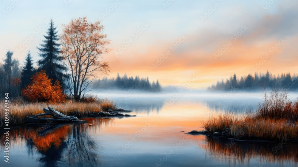 Serene Sunrise Over Tranquil Lake with Autumn Foliage and Misty Reflections in the Calm Water Landscape Serene Sunrise Over Tranquil Lake with Autumn Foliage and Misty Reflections in the Calm Water Landscape