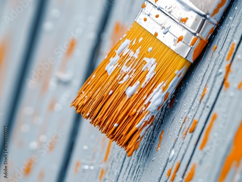 Close-up of a paintbrush applying paint on wood, highlighting painting and renovation work. photo