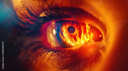 Close-up of a striking eye with fiery reflections in the iris, conveying intense emotions of anger and a burning desire for revenge.