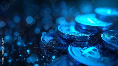 Digital currency coins shimmer against a blue backdrop with sparkling lights at a close range