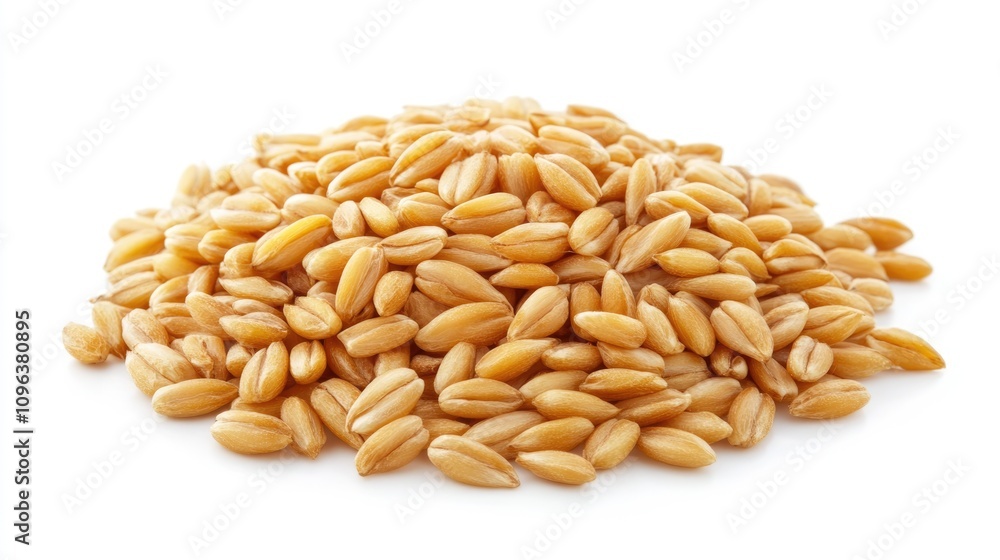 Kamut wheat grains in a close-up view showcasing their unique golden color and distinct shape on a clean white background. Kamut wheat grains in a close-up view showcasing their unique golden color and distinct shape on a clean white background.