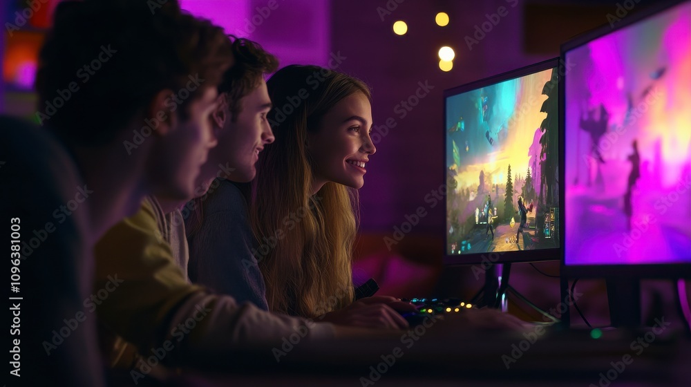 Joyful Friends Engaged in Video Gaming Together in a Colorful Room with Ambient Lighting, Demonstrating a Fun and Social Gaming Experience Joyful Friends Engaged in Video Gaming Together in a Colorful Room with Ambient Lighting, Demonstrating a Fun and Social Gaming Experience