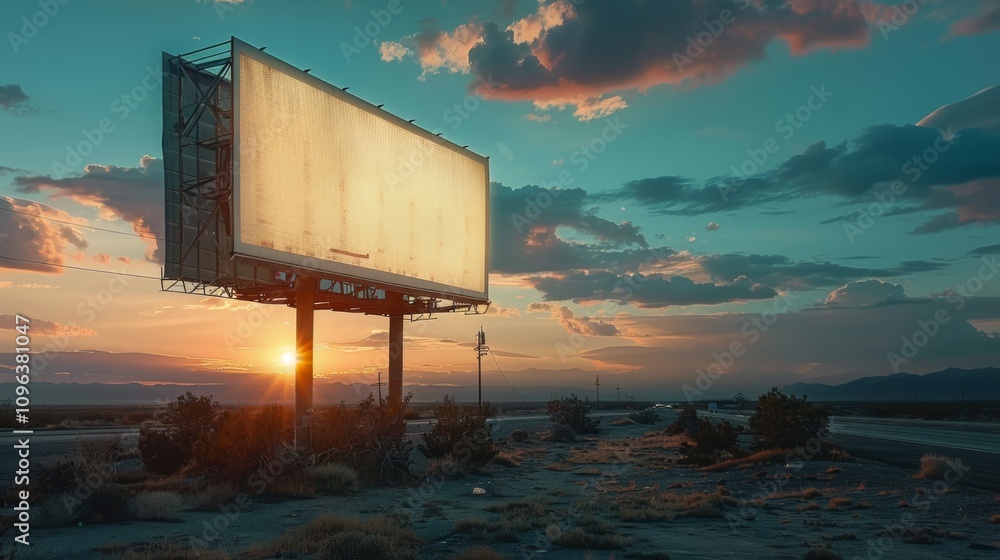 Billboard stands alone in the desert as sunlight sets in the background providing a serene yet desolate atmosphere Billboard stands alone in the desert as sunlight sets in the background providing a serene yet desolate atmosphere