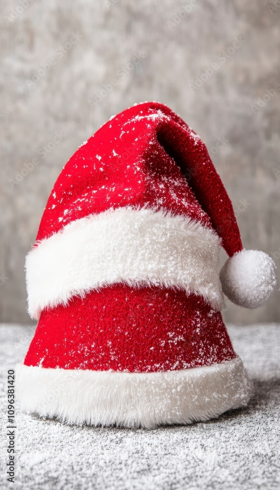 Snowy red Santa hat on a surface. Snowy red Santa hat on a surface.
