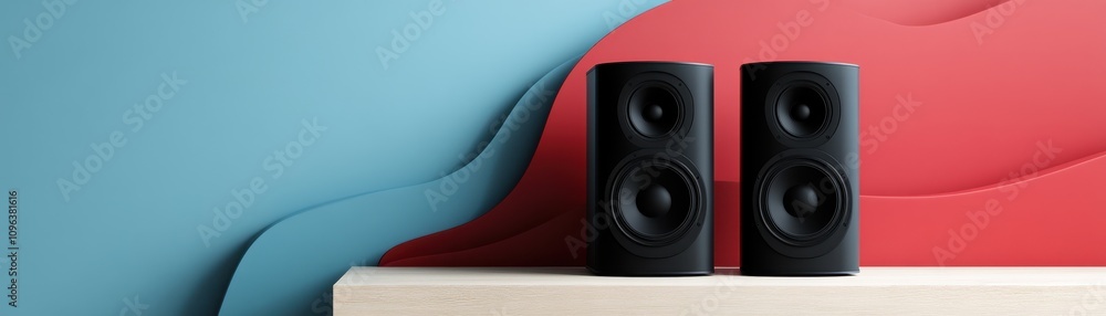 Two sleek black speakers positioned on a textured surface, with a vibrant background featuring contrasting blue and red waves, suggesting a modern and stylish audio setup. Two sleek black speakers positioned on a textured surface, with a vibrant background featuring contrasting blue and red waves, suggesting a modern and stylish audio setup.