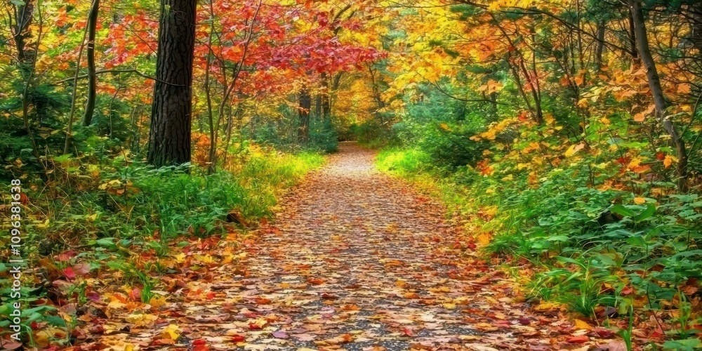 A vertical autumn background showing a forest path surrounded by brightly colored leaves. A vertical autumn background showing a forest path surrounded by brightly colored leaves.