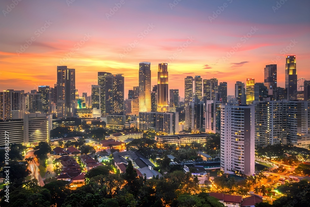 Obraz premium City skyline illuminated by sunset light in Singapore