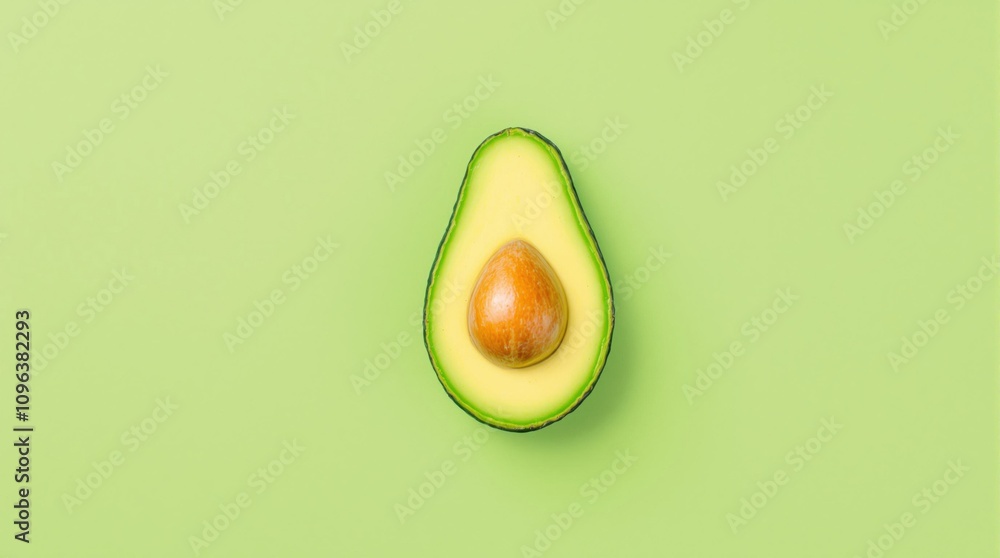A slice of avocado on a solid green background, with space for text on the side A slice of avocado on a solid green background, with space for text on the side