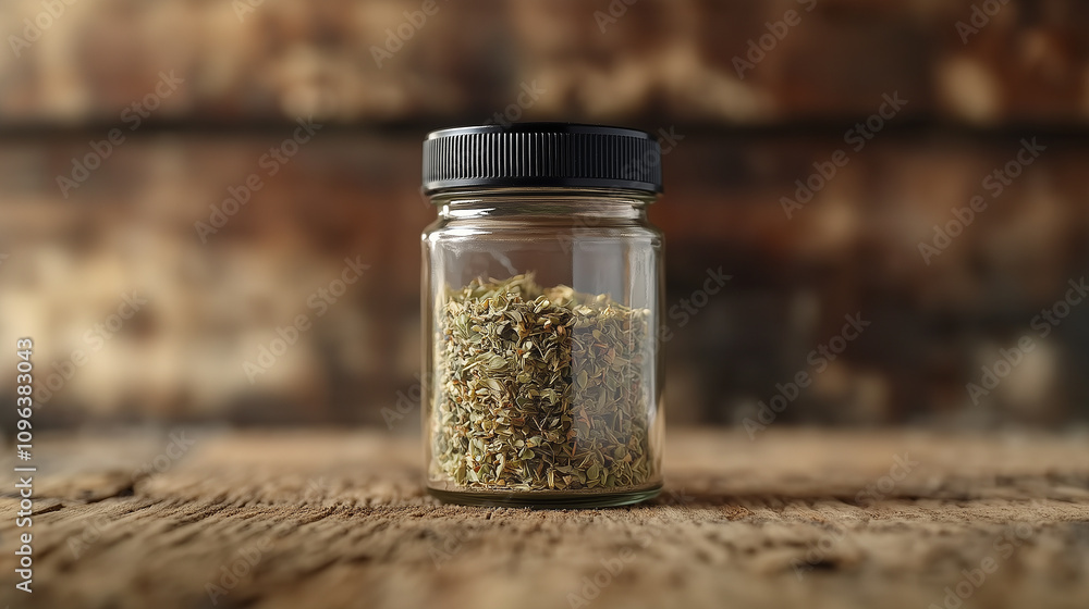 Glass jar of dried herbs on rustic wooden surface Glass jar of dried herbs on rustic wooden surface
