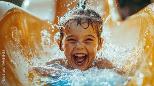 Little girl goes down a water slide outdoor in summer, happy child having fun plays in aqua park. Theme of kids pool, travel, swim, holiday