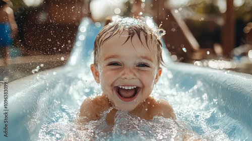 Cute baby goes down a water slide outdoor in summer, face of happy little child having fun in aqua park. Theme of kids pool, swim, splash, holiday photo