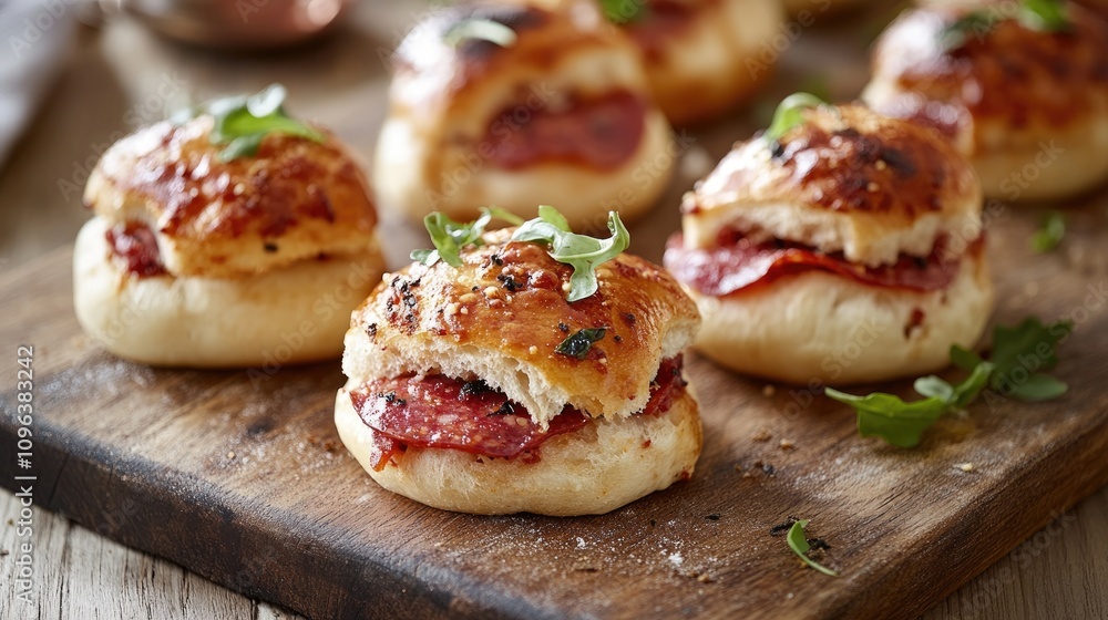 Mini pizza buns featuring salami and gooey mozzarella, presented on a rustic wooden board, capturing the essence of Italian-inspired small bread pizzas. Mini pizza buns featuring salami and gooey mozzarella, presented on a rustic wooden board, capturing the essence of Italian-inspired small bread pizzas.