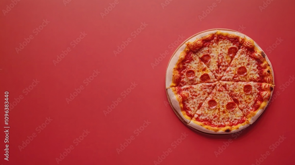 Minimalist pizza on a vibrant light red background showcasing eight slices, creating ample copy space for text or branding. Minimalist pizza on a vibrant light red background showcasing eight slices, creating ample copy space for text or branding.