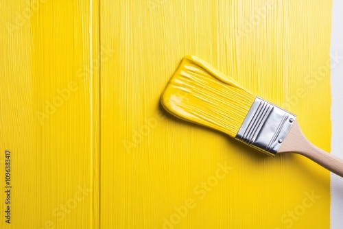 Close-up of a paintbrush applying paint on wood, highlighting painting and renovation work. photo