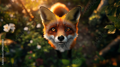 Banner of Adorable Fox Cub Surrounded by Lush Forest Foliage and Illuminated by Warm Sunlight Intriguing Gaze