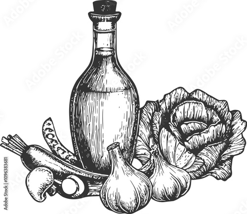 Oil Bottle, Hand-Drawn Vector, Graphic Style, Cartoon Illustration, Black and White, Sketch Style