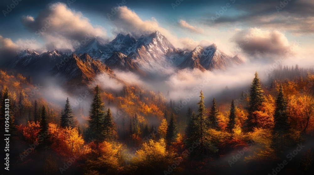 Misty mountains rising above vibrant autumn trees and swirling clouds, creating a serene and enchanting landscape scene. Misty mountains rising above vibrant autumn trees and swirling clouds, creating a serene and enchanting landscape scene.