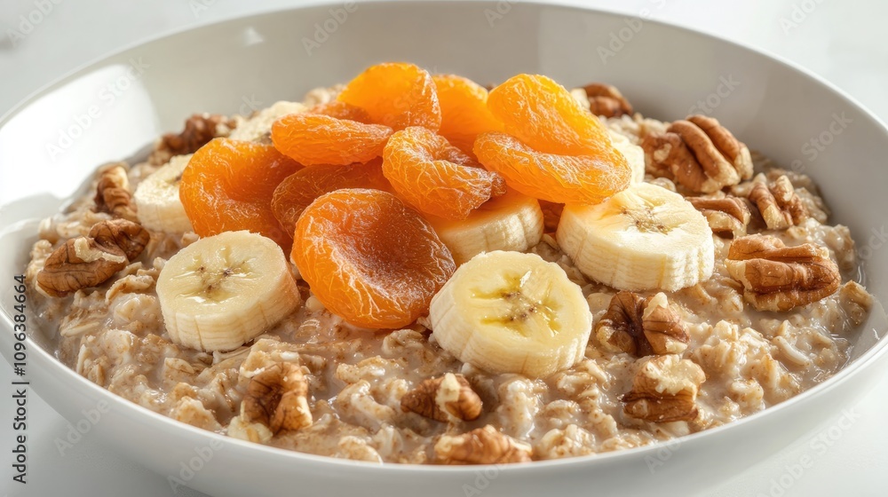 Nutritious breakfast bowl of creamy oatmeal topped with dried apricots, banana slices, and walnuts, elegantly presented in a white dish. Nutritious breakfast bowl of creamy oatmeal topped with dried apricots, banana slices, and walnuts, elegantly presented in a white dish.