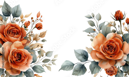 Fototapeta Naklejka Na Ścianę i Meble -  Watercolor Terracotta Floral Illustration Frame Border, Rustic Fall Autumn Burnt Orange Roses Flowers, Transparent Background
