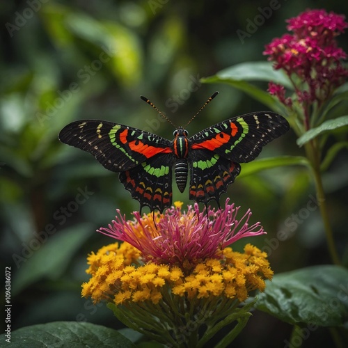 Madagascan sunset moth on a bright rainforest flower.

 photo