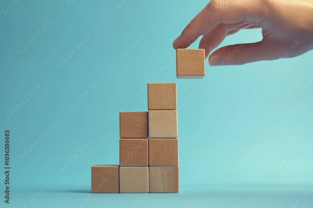 Hand stacking wooden blocks into a step formation with an arrow pointing upwards, representing the process of achieving business success, with a minimalist blue backdrop and space for text. Hand stacking wooden blocks into a step formation with an arrow pointing upwards, representing the process of achieving business success, with a minimalist blue backdrop and space for text.