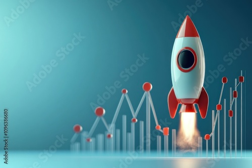 Rocket launching alongside a rising chart, representing the concept of financial growth and business success. Blue background with space for text. photo