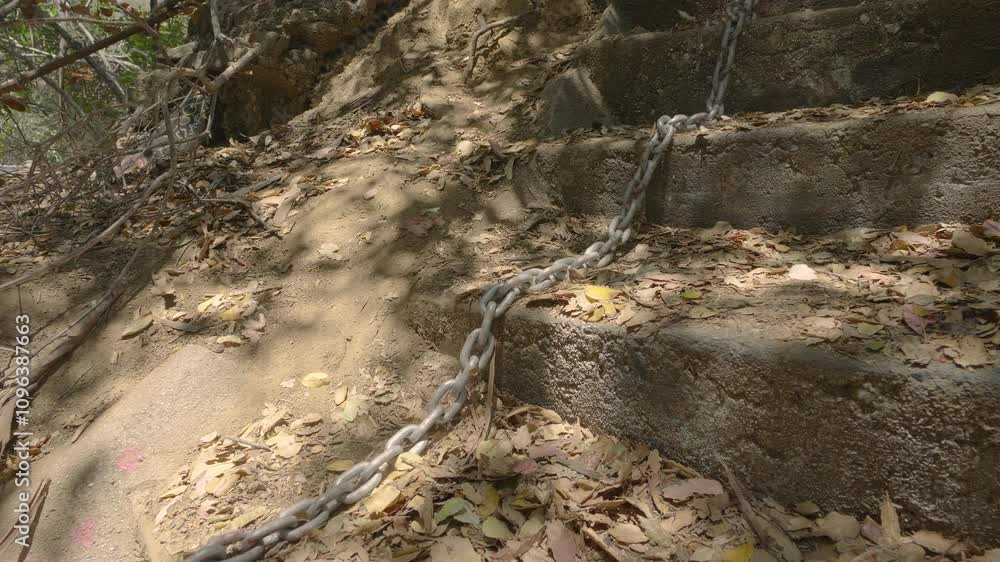 A heavy metal chain slides down a rugged outdoor staircase covered in dry leaves. Sunlight filters through surrounding trees, creating dappled shadows on the ground and concrete. A heavy metal chain slides down a rugged outdoor staircase covered in dry leaves. Sunlight filters through surrounding trees, creating dappled shadows on the ground and concrete.