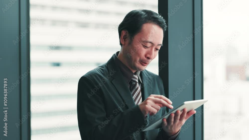 Japanese man, tablet and online for finance with office, investment advisor and research consultant. Asian person, employee or manager with business project, scroll and internet accountant service Japanese man, tablet and online for finance with office, investment advisor and research consultant. Asian person, employee or manager with business project, scroll and internet accountant service