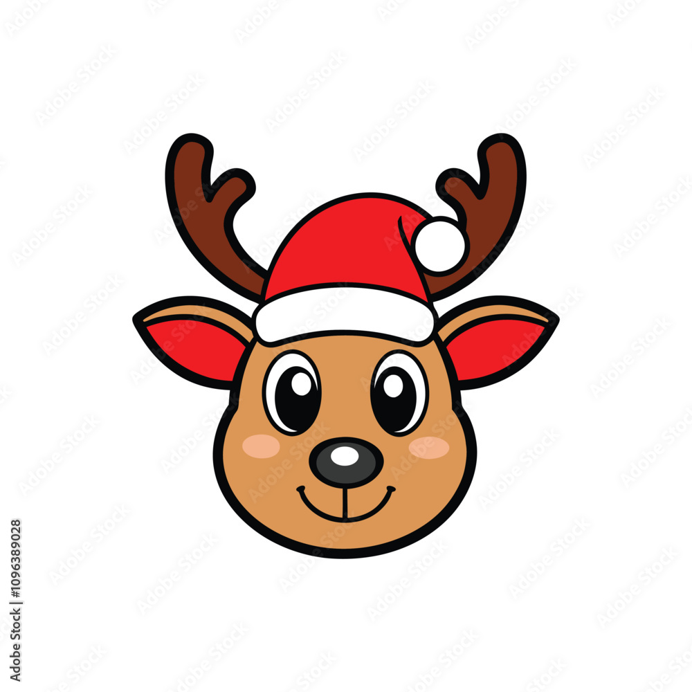 Cute Reindeer Head with Santa hat Vector Festive Cartoon Illustration for Holiday Themes Cute Reindeer Head with Santa hat Vector Festive Cartoon Illustration for Holiday Themes