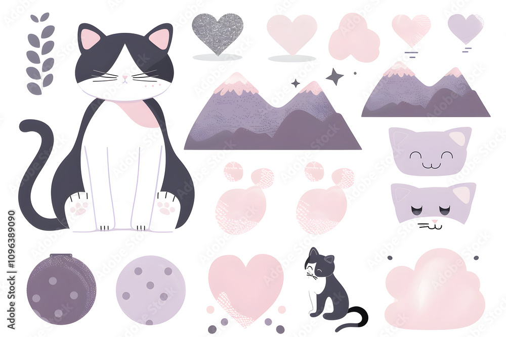 A collection of cute, pastel-themed graphics featuring cats, mountains, and hearts. A collection of cute, pastel-themed graphics featuring cats, mountains, and hearts.