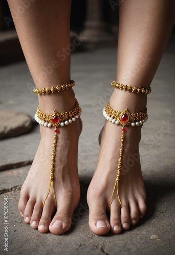 two divine feet first foot Lord Shiva white color masculine adorned single golden anklet radiating soft glow second Goddess Parvati medium photo