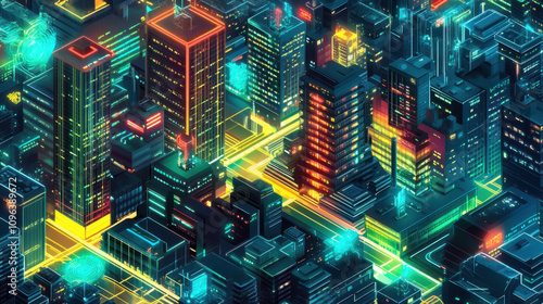 Isometric illustration of an urban cityscape, surrounded by digital technology symbols and light beams. photo