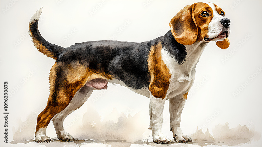 A watercolor Beagle standing with one paw raised, looking ready to explore, painted on a white background A watercolor Beagle standing with one paw raised, looking ready to explore, painted on a white background