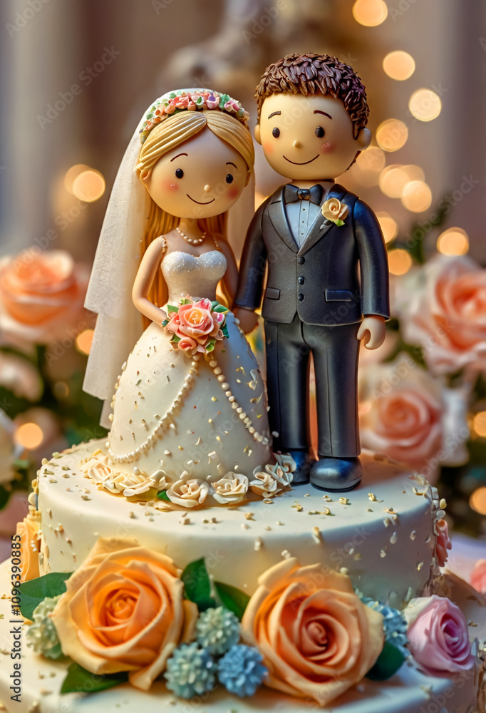 Fototapeta premium Edible figures of newlyweds on wedding cake. Generative AI