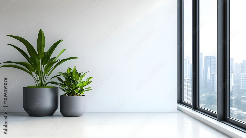 Modern Plants in Grey Pots, City View Modern Plants in Grey Pots, City View