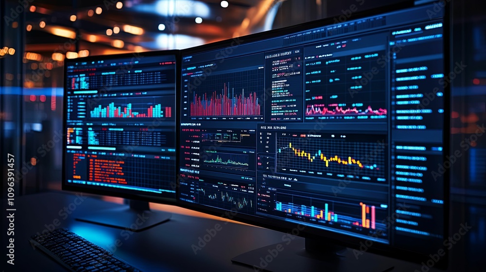Dual Monitors Displaying Financial Market Data and Graphs Dual Monitors Displaying Financial Market Data and Graphs