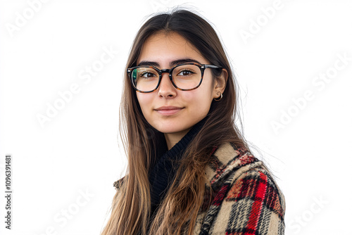 Portrait of a young woman wearing glasses and a plaid jacket with a neutral background emphasizing casual elegance