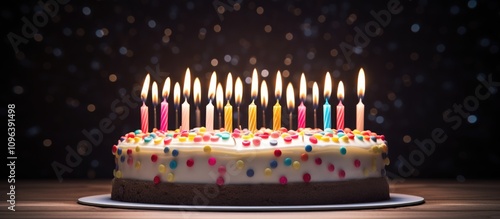 Colorful birthday cake with multiple candles lit against a dark background creating a festive celebration atmosphere. photo