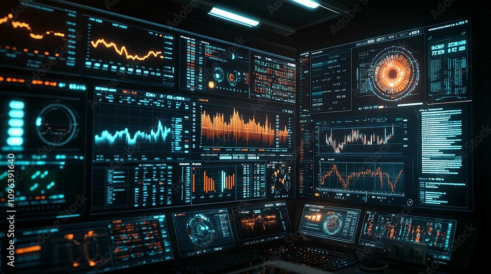 Multiple Monitors Displaying Financial Data And Graphs Multiple Monitors Displaying Financial Data And Graphs