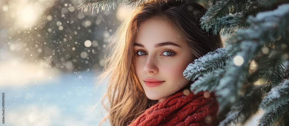 Elegant girl in winter attire posing by snowy tree with soft sunlight creating a magical atmosphere during the holiday season Elegant girl in winter attire posing by snowy tree with soft sunlight creating a magical atmosphere during the holiday season