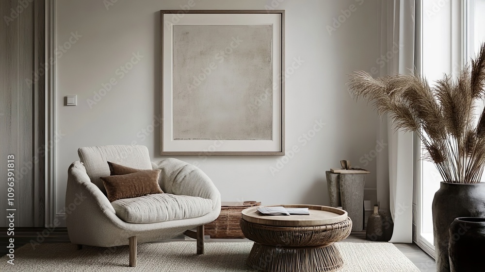 Frame mockup in Scandinavian living room interior, 3d render Frame mockup in Scandinavian living room interior, 3d render