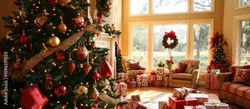 Festively decorated Christmas tree with presents in a cozy living room bathed in natural light inviting holiday cheer and warmth photo