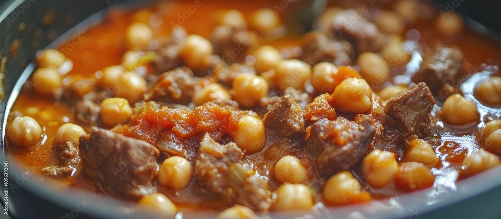 Nutritious homemade chickpea and meat stew in a close-up showcasing vibrant colors and rich textures of a classic recipe. Nutritious homemade chickpea and meat stew in a close-up showcasing vibrant colors and rich textures of a classic recipe.
