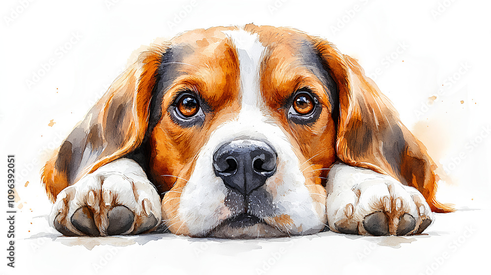 A watercolor Beagle lying down with its paws stretched forward, painted softly on a white background A watercolor Beagle lying down with its paws stretched forward, painted softly on a white background
