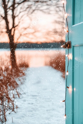 Snowy winter sunset view from a teal door with fairy lights. photo